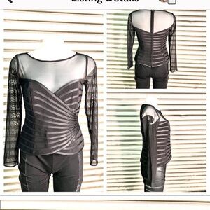 JS Collections top petit black nylon/spandex sheer geometric size 10